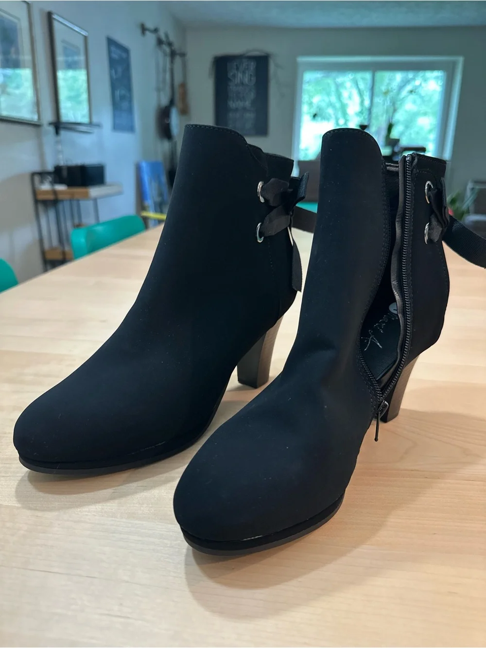 Mari. A Black Suede-Look Ankle Boots with Zipper close and Bow Accent 9
